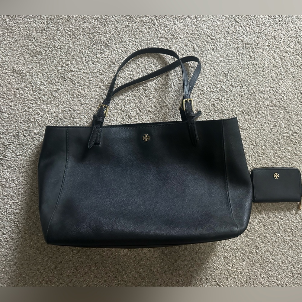 Tory Burch Black Leather Tote with Gold Logo and Matching Card Case